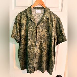 Old Navy Linen Blend Green Floral Camp Collar Shirt L